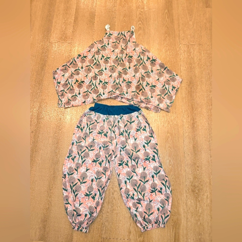 Aura Knit Two Piece Set, 10 Year, Tank Top And Pants, Pink Tropical Lounge Wear